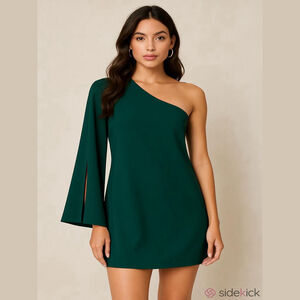 Dress The Population Emerald Green One Shoulder Dress XS NWT Trumpet Sleeve Mini